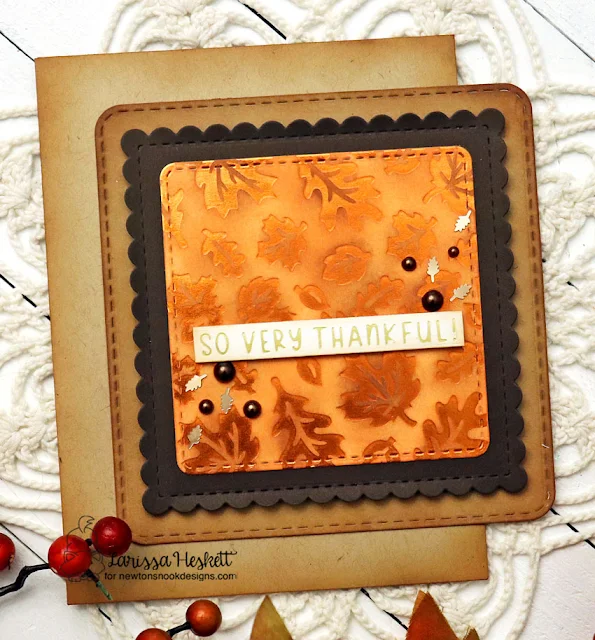 So Very Thankful Card by Larissa Heskett for Newton's Nook Designs using Fall Leaves Hot Foil Plate, Autumn Greetings Hot Foil Plates, Frames Squared Die Set, Banner Die Set