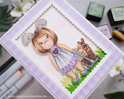Handmade Card, Easter Card, DIY, Adult Coloring, Copic Markers, Prismacolor Pencils, Distress Ink Blending, Life Changing Blending Brush, Gingham stamp, Flannel Life Stamp, digistamp, Paper Nest Dolls, Bunny Wagon, Girl with bunnies, bunny girl, Easter bunnies, spring