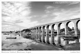 Viaduct structure train arches black white Hamilton Kerr boats tide water reflection perspective