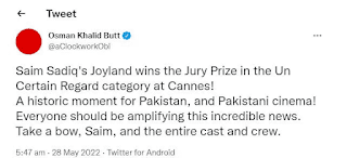 osman Khalid butt tweeted on the film Joyland