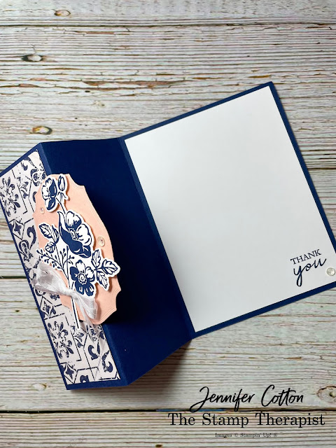 Hand made Z fold card with Stampin' Up!'s Shaded Summer stamp set.  Night of Navy card base with In Good Taste DSP, Petal Pink, Basic White.  Better description in video.  Jennifer Cotton