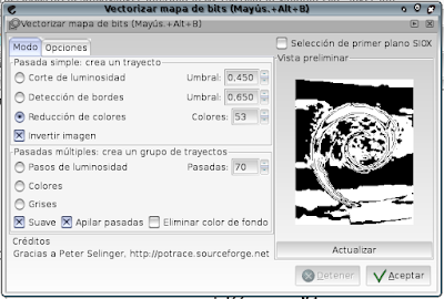 Inkscape: Cuadro de diálogo Vectorizar mapa de bits. Reducción de colores. Colores: 53. Invertir imagen. Suave. Apilar pasadas.