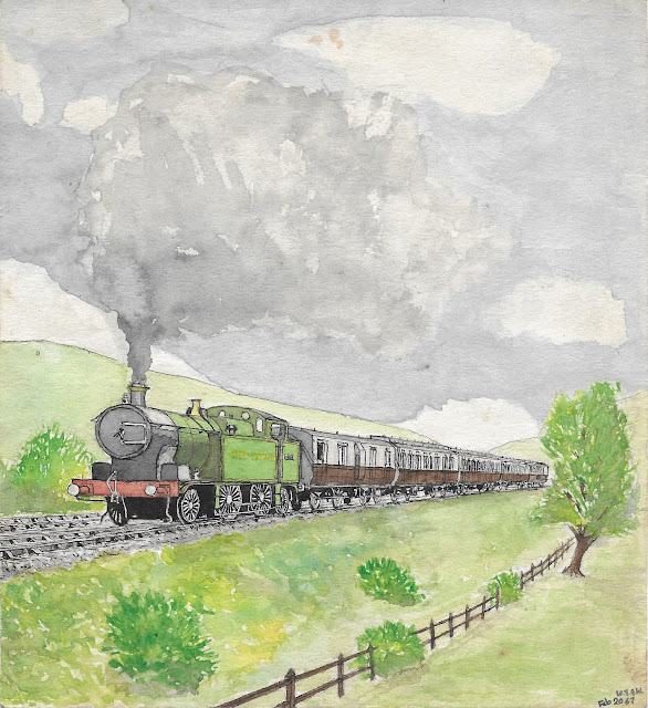 Watercolour of a steam train by William Walkington, dated 20th February 1967