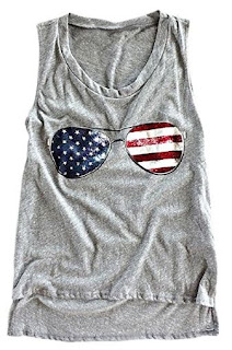 Nlife Summer Women American National Stars and Stripes Flag Sunglasses Print Round Neck Top High Low Hem Tank Top