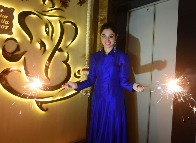 Tamanna Cute Pic in Blue Dress at Diwali Celebration 2017