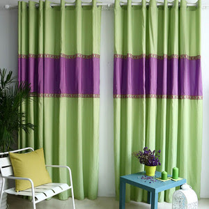 purple and green curtains striped design