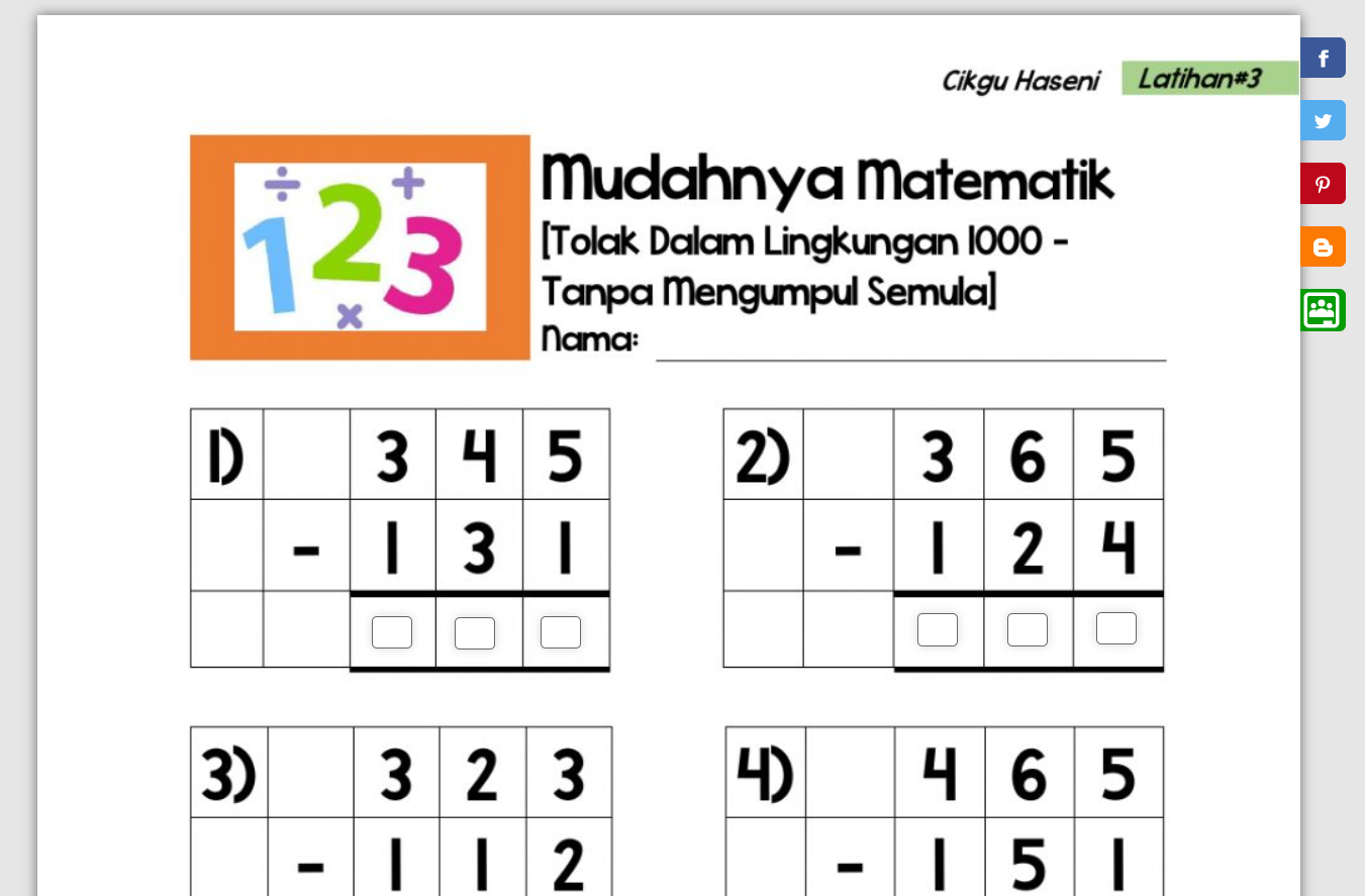 Cikgu Hijau Latihan 3 Matematik Operasi Tolak Dalam Lingkungan 1000 Tanpa Mengumpul Semula Secara Online Melalui Liveworksheets Com Set 2