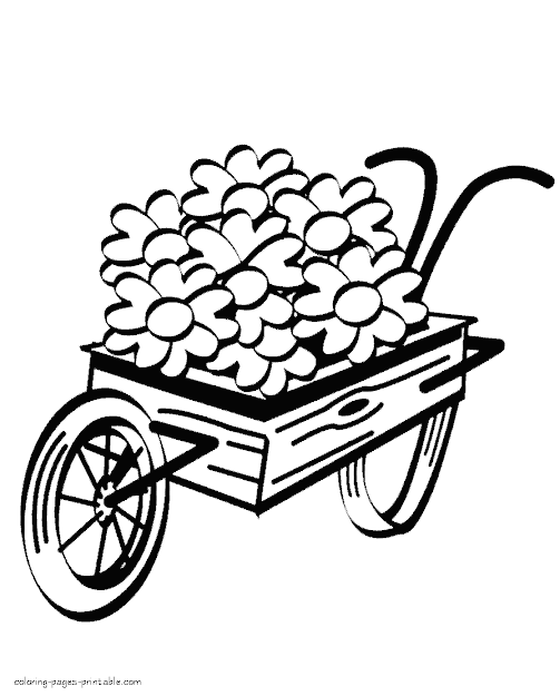 Wheelbarrow And Spring Flowers Spring Flowers And Easter Eggs Coloring  Pages
