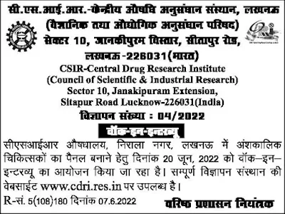 CSIR-CDRI Part-Time Doctor Vacancy