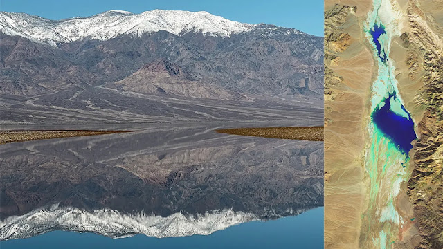 Badwater Basin se ha transformado en un lago increíble. Crédito: K. Skilling/Servicio de Parques Nacionales (izquierda), Wanmei Liang, utilizando datos Landsat del Servicio Geológico de EE. UU. (derecha)