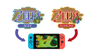 Oracle of Ages & Seasons logos pointing with arrows on a Nintendo Switch system running the Link's Awakening remake