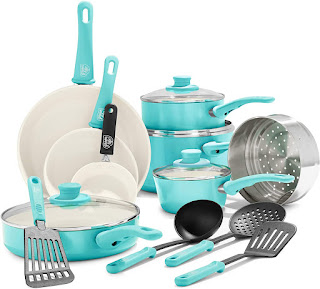 GreenLife Soft Grip Healthy Ceramic Nonstick, Cookware Pots and Pans Set, 16 Piece, Turquoise