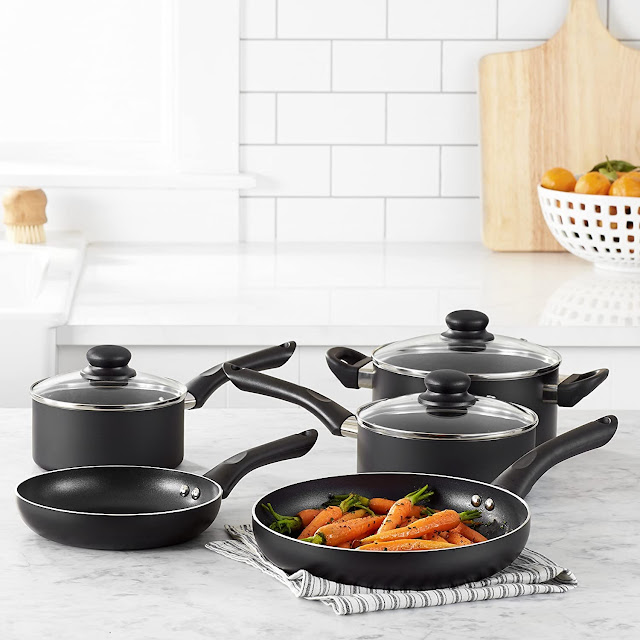 AmazonBasics 8-Piece Non-Stick Kitchen Cookware Set, Pots and Pans 2020