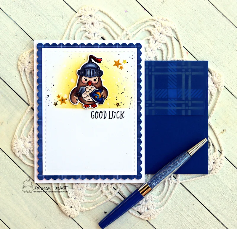 Good Luck Card & coordinating Envelope by Larissa Heskett for Newton's Nook Designs using the Knight Owl Stamp and Die Set, Batty Newton Stamp Set, Heartfelt Wishes Stamp Set, Frames & Flags Die Set and Plaid Stencil Set #newtonsnook #newtonsnookdesigns #knightowl #battynewton #heartfeltwishes #framesandflags #plaidstencil