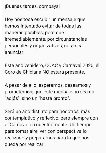 El Coro de Chiclana anuncia su NO participación en el próximo COAC y Carnaval de Cádiz 2020.