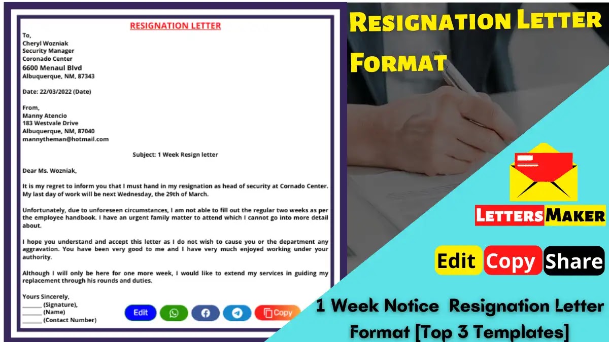 1 Week Notice  Resignation Letter Format [Top 3 Templates]