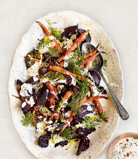 Roast carrot, beetroot and marjoram salad with fennel seed and yogurt dressing