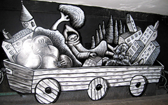 Photograph of a cart in Phlegm's piece.