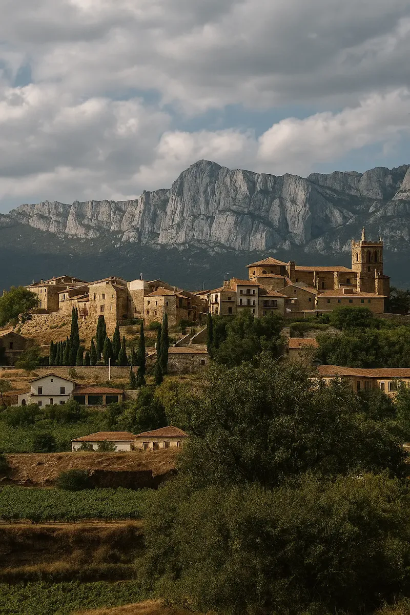 Vista aérea de Laguardia, un pueblo medieval amurallado rodeado de un mar de viñedos en la Rioja Alavesa durante el otoño.
