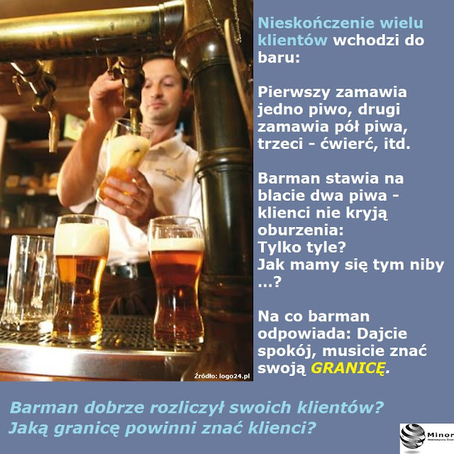 Nieskończenie wielu klientów wchodzi do baru. Pierwszy zamawia jedno piwo, drugi zamawia pół piwa, trzeci - ćwierć, itd. Barman stawia na blacie dwa piwa - klienci nie kryją oburzenia: Tylko tyle? Jak mamy się tym niby …? Na co barman odpowiada: Dajcie spokój, musicie znać swoją granicę. Barman dobrze rozliczył swoich klientów? Jaką granicę powinni znać klienci?