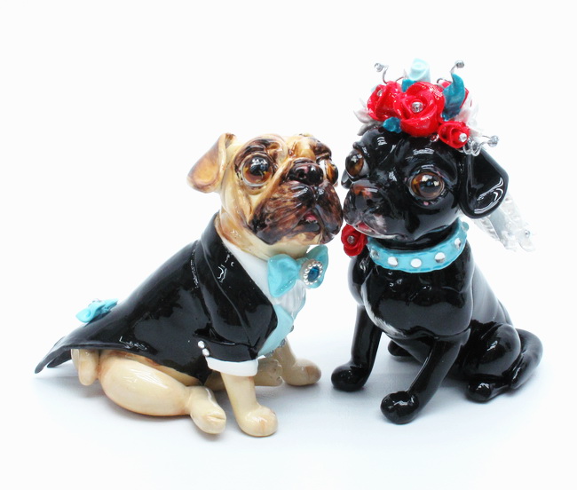 Fawn Puggish is Squash wearing black tuxedo white shirt and Tiffany blue bow