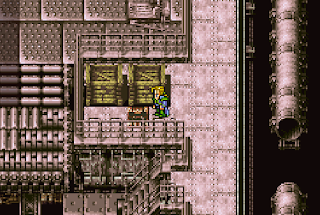 Edgar grabs items from a chest inside the Magitek Research Facility, a dungeon in Final Fantasy VI.