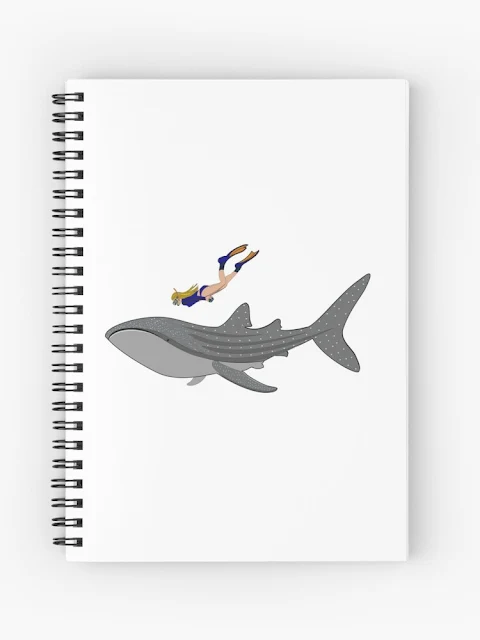 Whaleshark and freediver drawing printed on spiral notebook