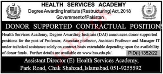 Latest Health Services Academy Education Posts Islamabad 2022