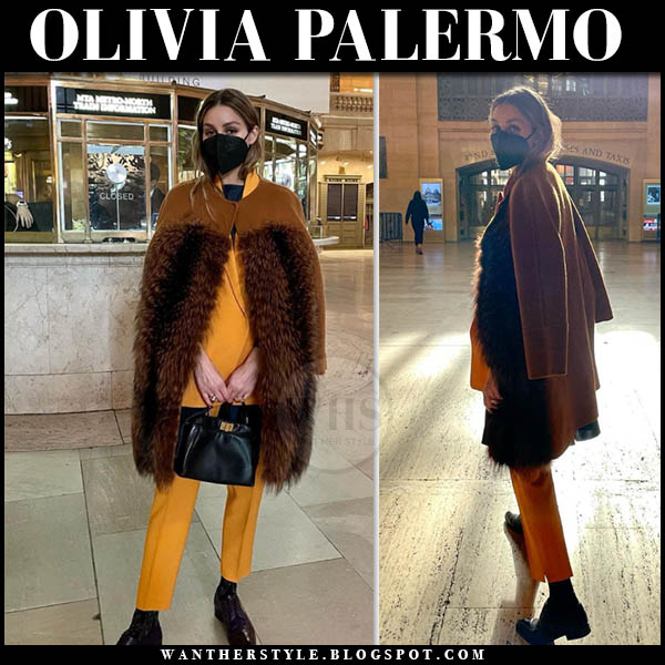 Olivia Palermo in brown fur panel coat and orange pants
