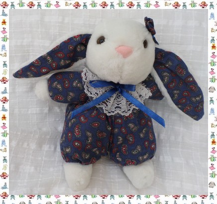 Doudou Peluche Jemini Lapin Assis Blanc Bleu Motif Noeud Col Dentelle Vintage