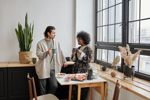 interracial couple having breakfast