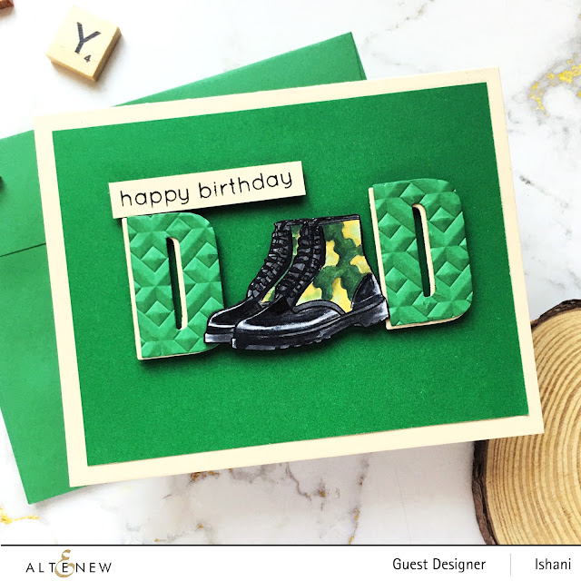 Altenew Travel boots stamp set, Altenew Cap alpha dies, Altenew connected dots 3 d embossing folder, Father's day card, Quillish, ishani