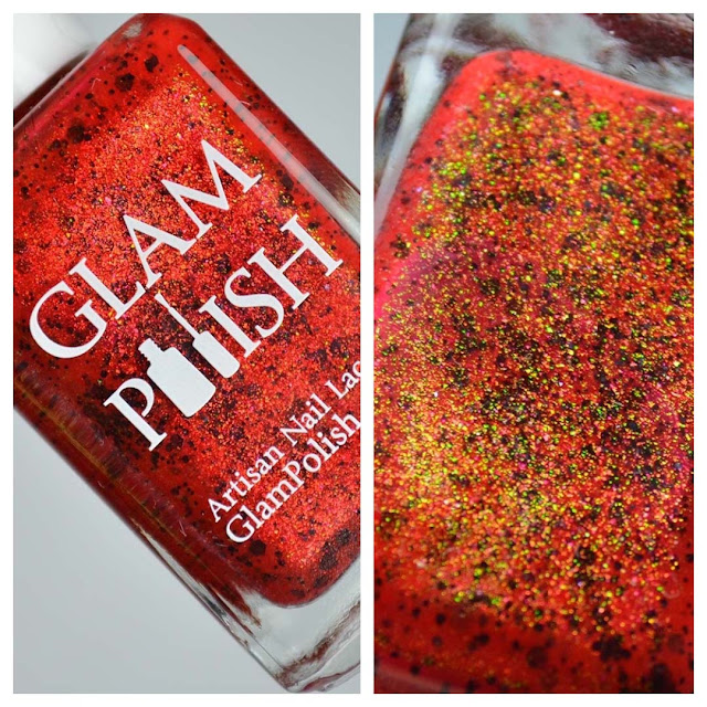 red nail polish with black glitter in a bottle
