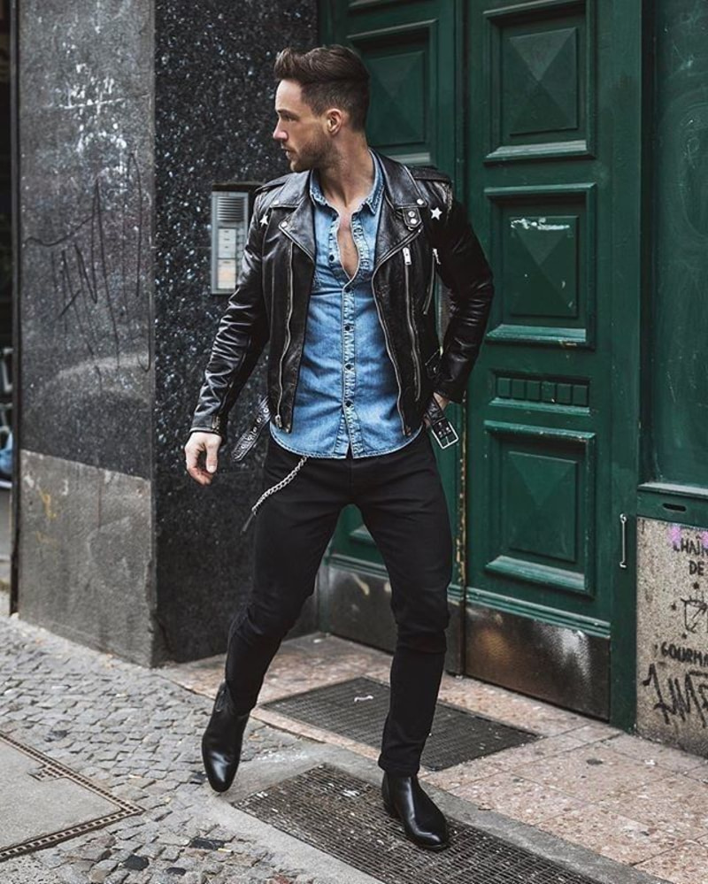 men's black leather jacket outfit