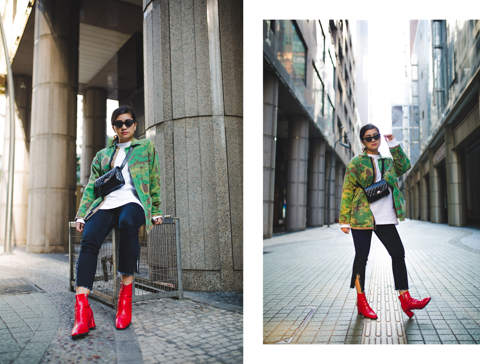 Camo Jacket and Red Boots