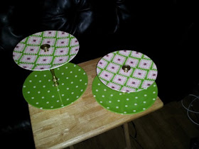 Cupcake stands:  melamine plates, candlesticks and drawer knobs.