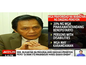 The increase on pension will be for the amount of P 2,000 but it cannot be given right away on all pensioners, he added that they are looking forward for the total implementation for all pensioners before the end of Duterte's term. Priority for this are the following: