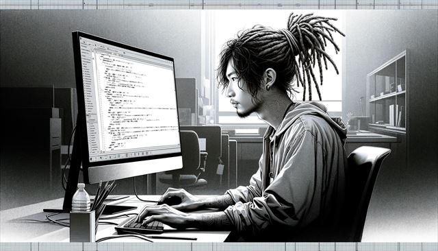 A monochrome concept art in a wide format. It features a Japanese man with dreadlocks, dressed in casual clothing, deeply focused on programming. He is sitting in front of a computer, and the PC monitor displays the word 'Amazon' along with visible lines of source code. The background is an office environment, subtly suggesting a modern tech workspace. The artwork has a sleek, professional yet creative vibe.