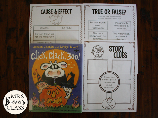 Click Clack Boo book activities unit with literacy companion activities for Halloween in Kindergarten and First Grade