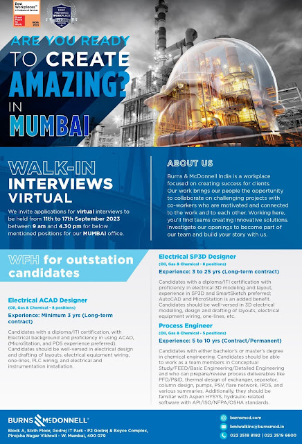 Burns & McDonnell India Virtual Interview For Electrical SP3D Designer/ Process Engineer/ Electrical ACAD Designer