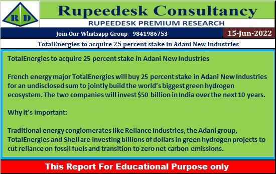 TotalEnergies to acquire 25 percent stake in Adani New Industries - Rupeedesk Reports - 15.06.2022