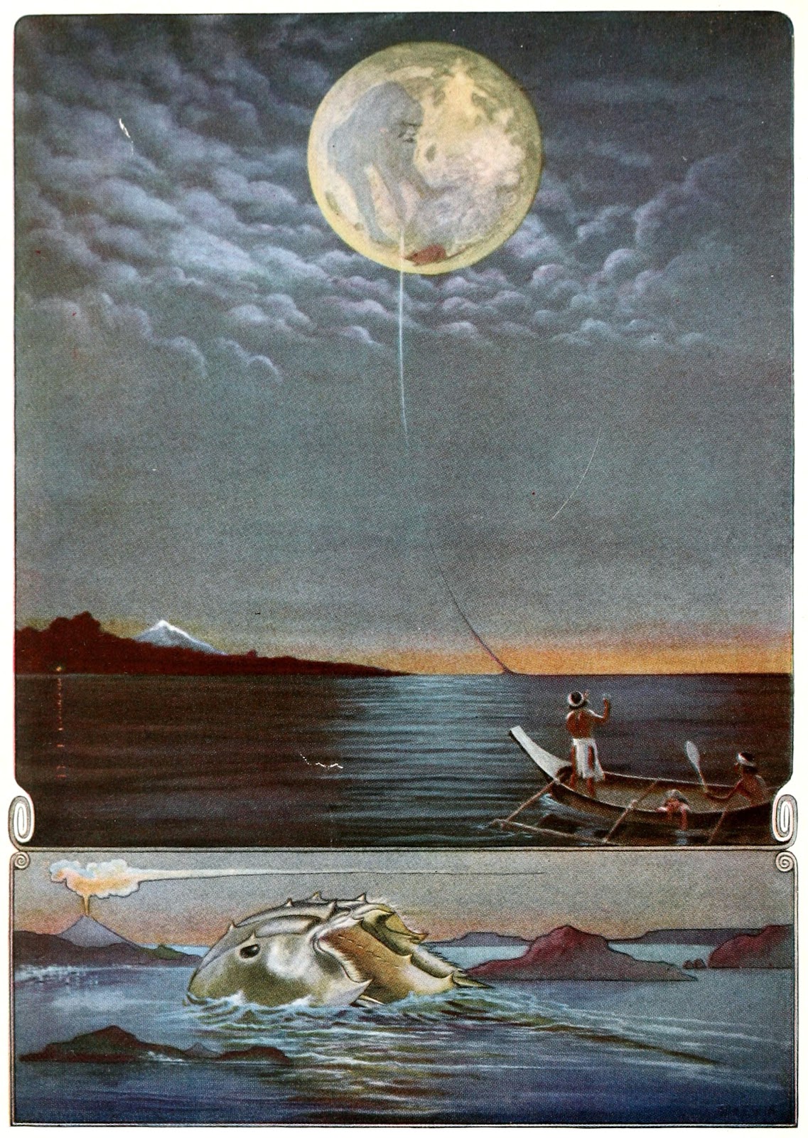 ラドヤード・キップリングの『海で遊んだ蟹』の表紙：満月が出ている夜の海に古老の魔術師と男性と少女が乗ったカヌーが浮かんだ大きな絵の下にパウ・アマが少しだけ姿を現した海面の小さな絵がある