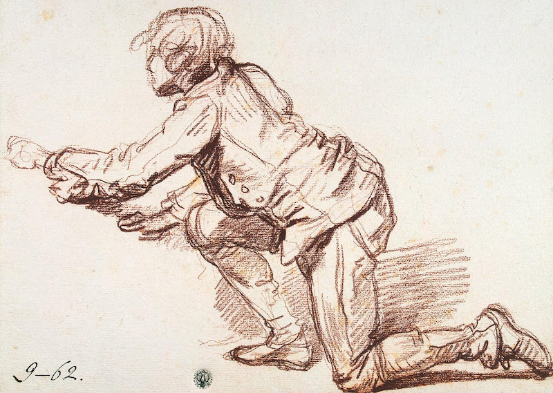 Study for 'The Paralytic'. Study of a Boy Resting on One Knee by Jean-Baptiste Greuze - Genre Drawings from Hermitage Museum