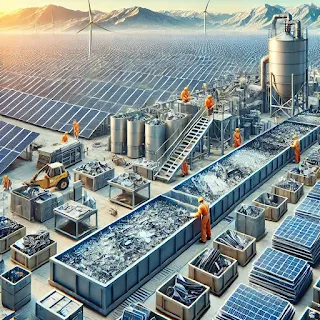 A solar panel recycling facility processing old panels for reuse.