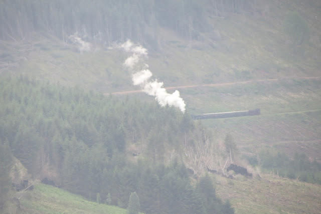 A long-distance shot of a steam train across the valleys.