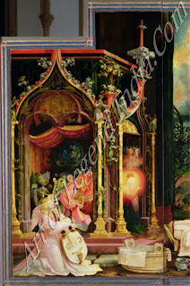 This panel and The Virgin and Child (opposite) form a pair when the altar is first opened. The Virgin thus appears twice, looking out from the bizarre chapel towards herself and her son. Grunewald's extraordinarily vivid imagination comes out in the vegetable-like forms of the architecture and the characterization of the rejoicing angels as well as in the brilliant lighting effects.