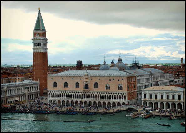 Shot from water, Doges Palace, waterfront crowds, Venice