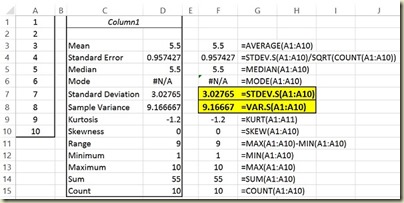 Variation in Excel - Descriptive Statistics - Variance