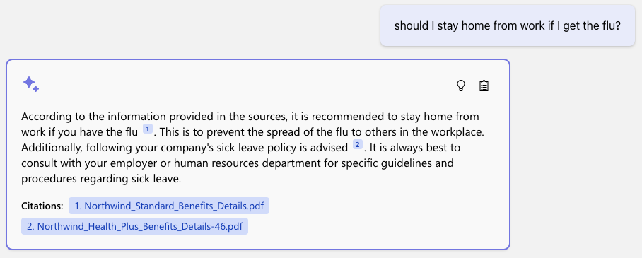 User asks question 'should I stay at home from work when I have the flu?' and app responds 'Yes' with additional advice