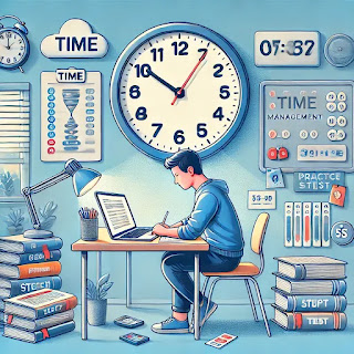 A student practicing time management for the ALCPT exam, with a timer, clock, and organized study materials, symbolizing focus and strategic preparation.